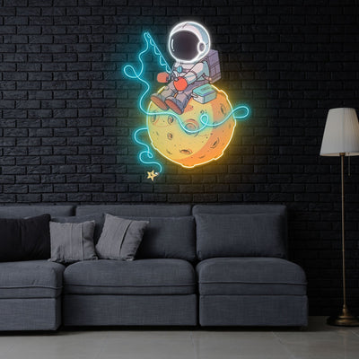 "Astronaut Fishing" Neon x Acrylic Artwork - 20"x16"Neon x Acrylic Artwork