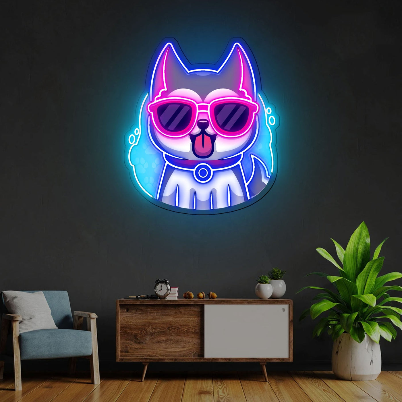 Cool Husky Dog Neon Sign x Acrylic Artwork - 20”LED Neon x Acrylic Print