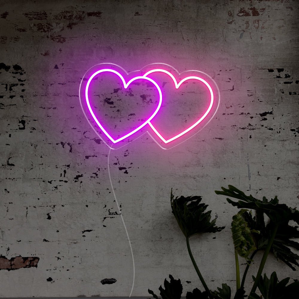 Double Hearts LED Neon Sign - 20inch x 12inchPurple and Light Pink Neon