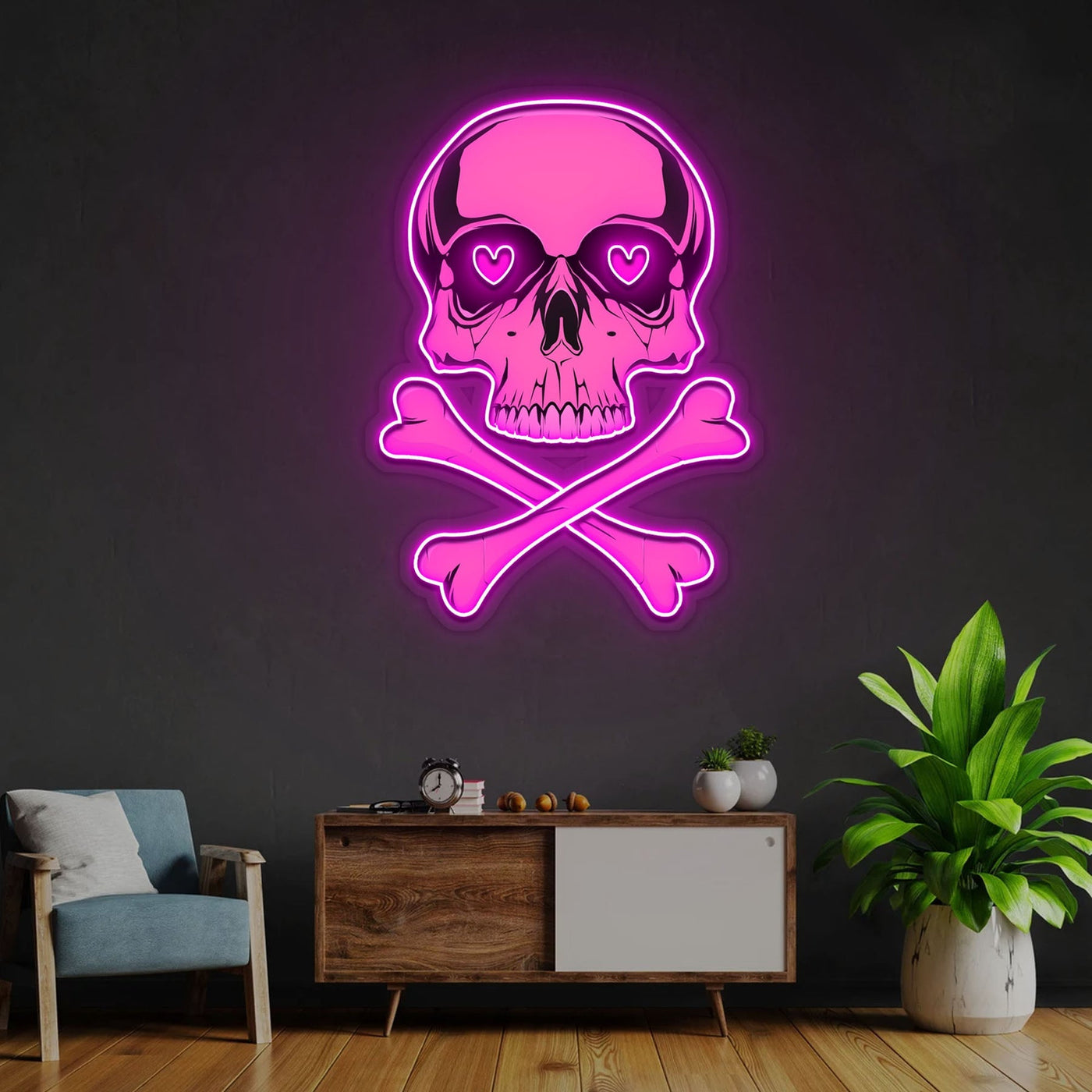 Pink Skull With Bones Neon Sign x Acrylic Artwork - 2ftLED Neon x Acrylic Print