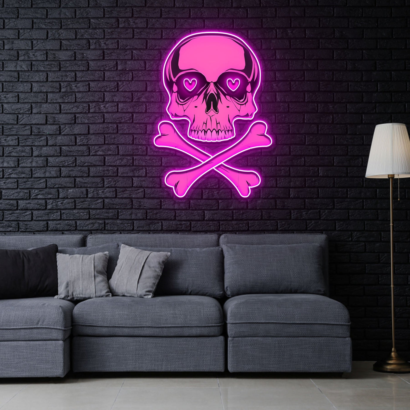 Pink Skull With Bones Neon Sign x Acrylic Artwork - 2ftLED Neon x Acrylic Print