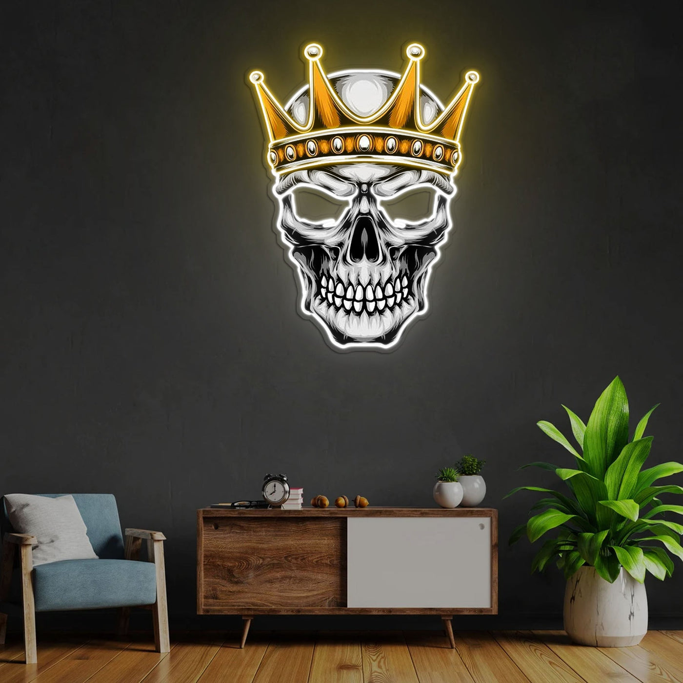 Skull With Crown Neon Sign x Acrylic Artwork - 2ftLED Neon x Acrylic Print