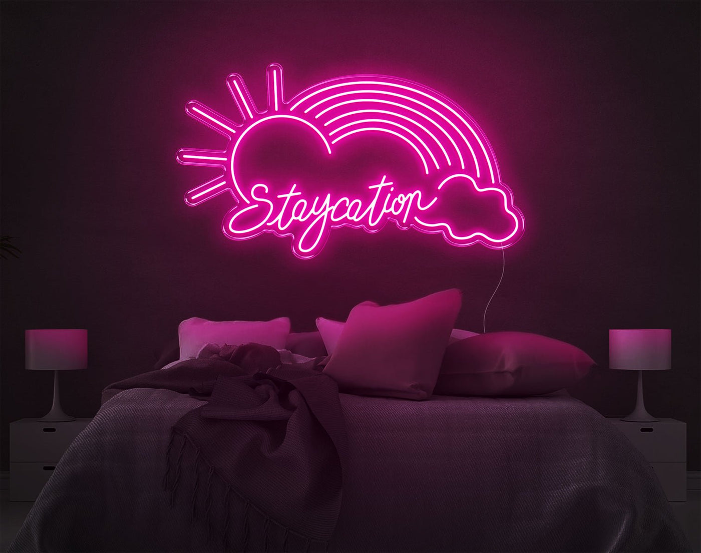 Staycation Rainbow LED Neon Sign - 23inch x 41inchHot Pink